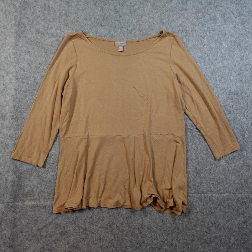 J Jill Top Womens Small Petite Stretch Peplum Tan Boat Neck 3/4 Sleeve Knit